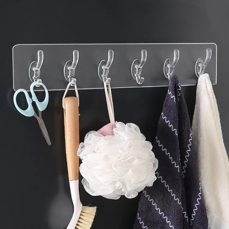 6 Row Transparent Wall Hooks Self Adhesive 02Pcs
